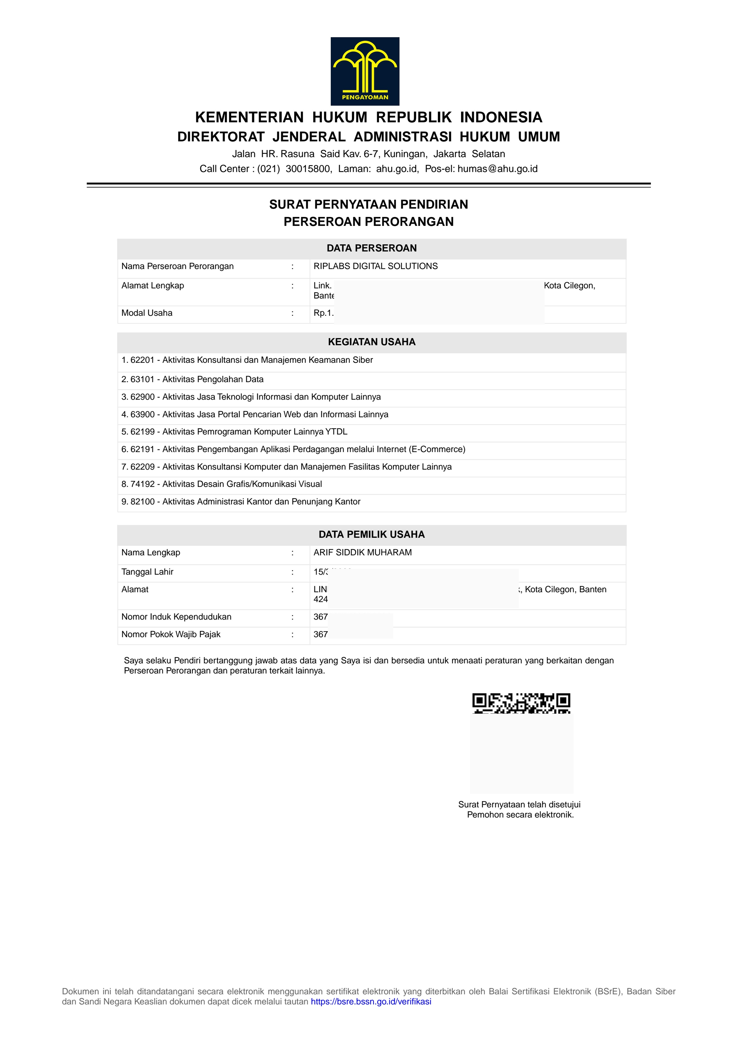 Surat Pernyataan Pendirian PT RipLabs Digital Solutions