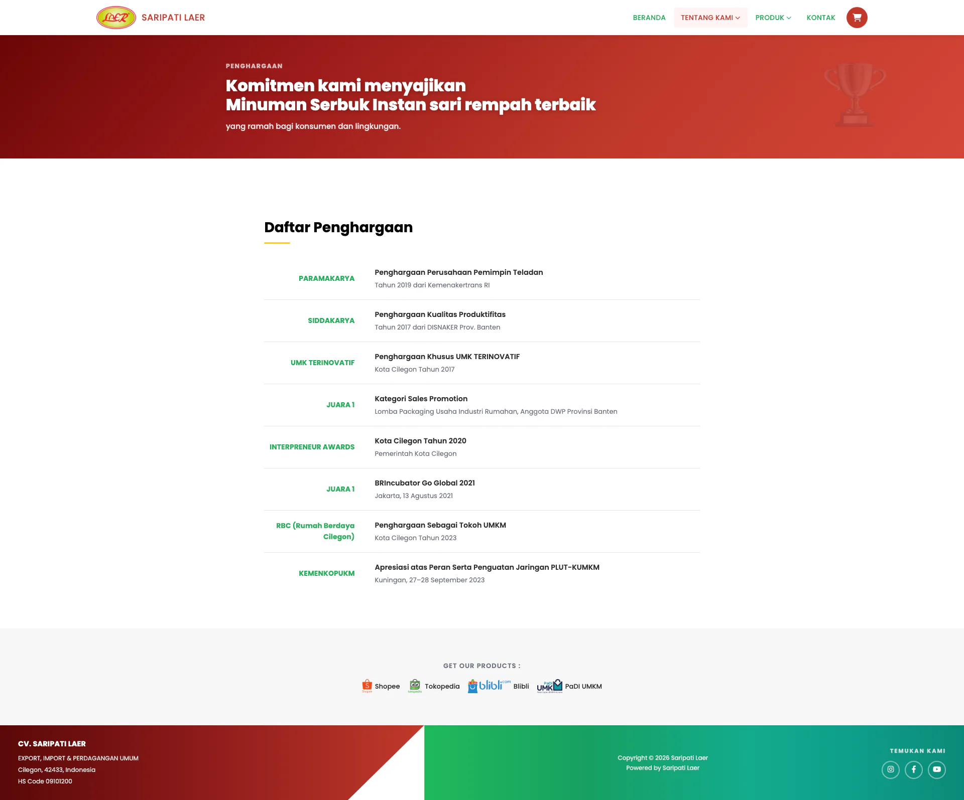 Gallery Web Profil UMKM CV. Saripati Laer Jahe Cilegon Banten