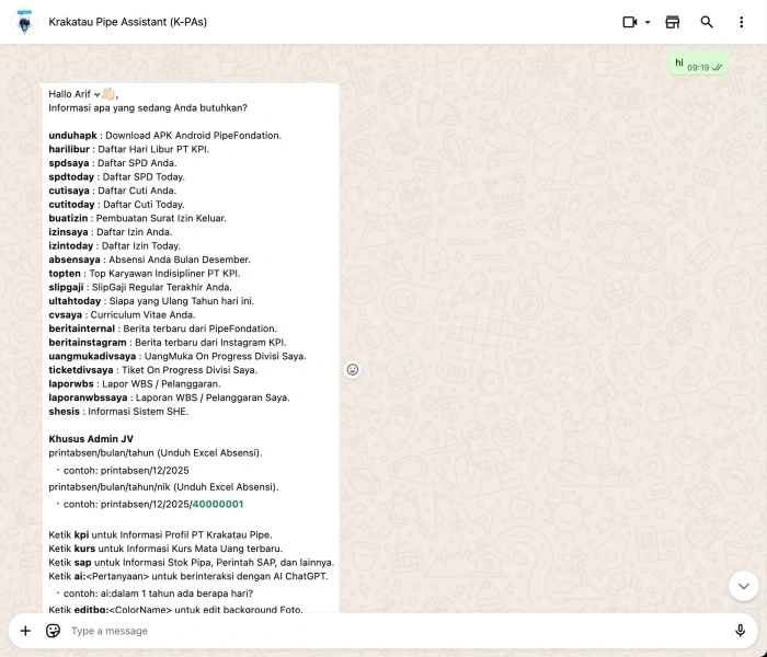 WhatsApp Chatbot Krakatau Pipe Assistant (K-PAS)